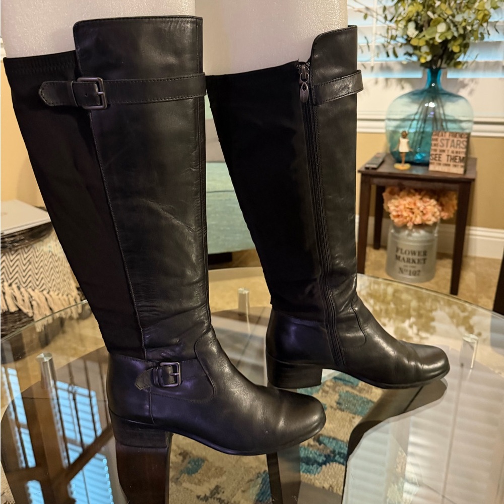 Tahari Kent Leather Tall Black Buckle Riding Equestrian Boots‎ size 8.5